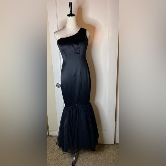 Vintage y2k Black Satin Mermaid Fishtail Evening Gown Prom Dress barbiecore noir - Picture 5 of 17